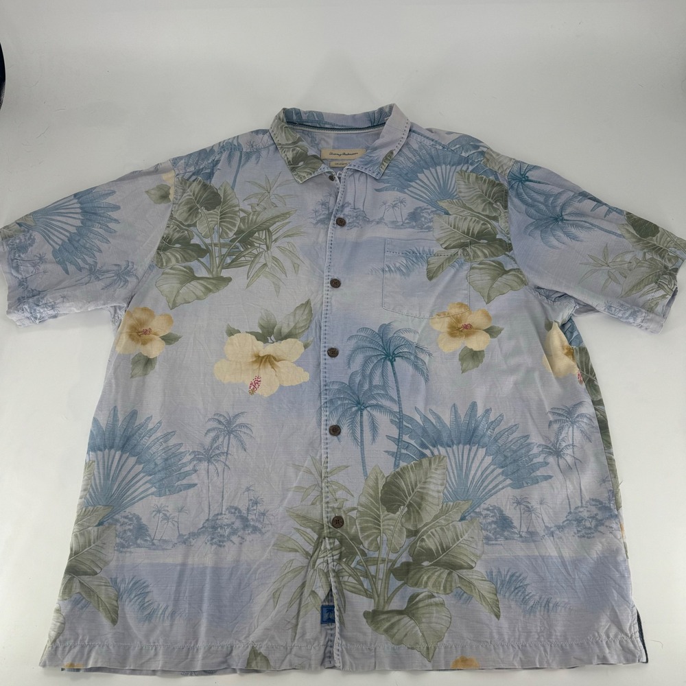 Tommy Bahama Mens XXL Silk Tropical Palm Hibiscus Camp Shirt Blue Original Fit